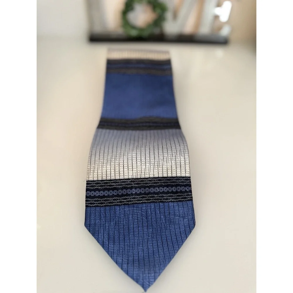 Steven Land 100% Silk Neck Tie Blue Gray‎ Black Striped Wide Handcrafted Korea